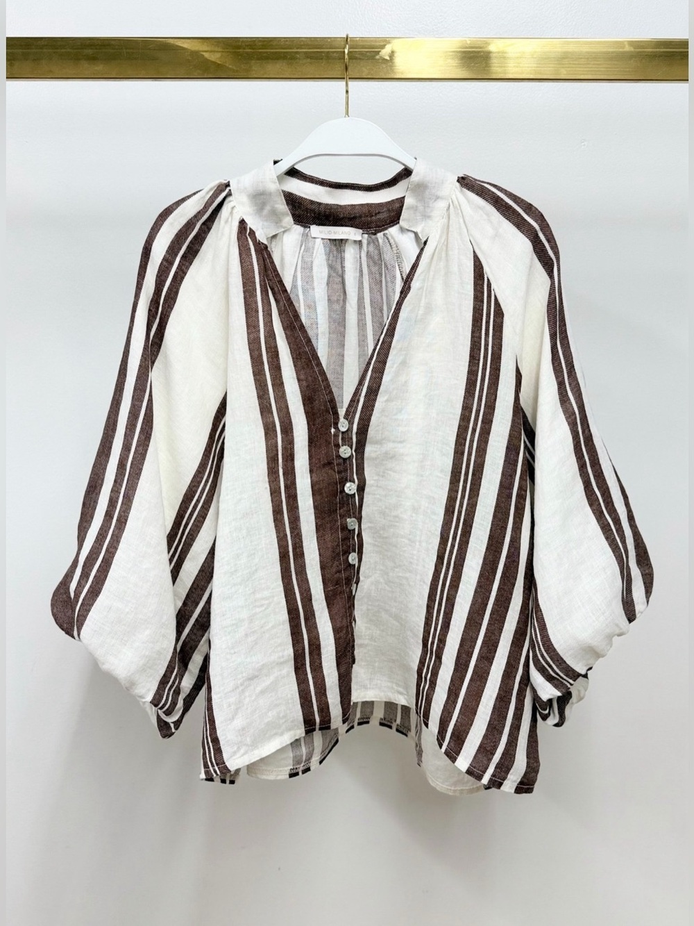 (155130-1-STRIPE-W/C) STRIPE LINEN BALLOON SLEEVE V-NECK BLOUSE